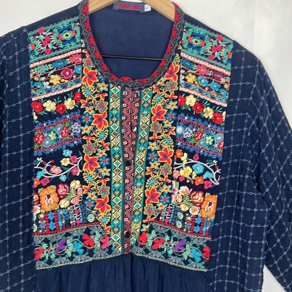 Johnny Was Sz Large Embroidered Tunic Top Blue Rayon Button Popover Boho - Picture 4 of 10